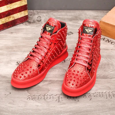 Fashion Casual Shoes Mens Solid Rivets High Top Sneakers Bottom Flats Fashion Ankle Lace-Up Shoes Ankle Boots Zapatillas Hombre