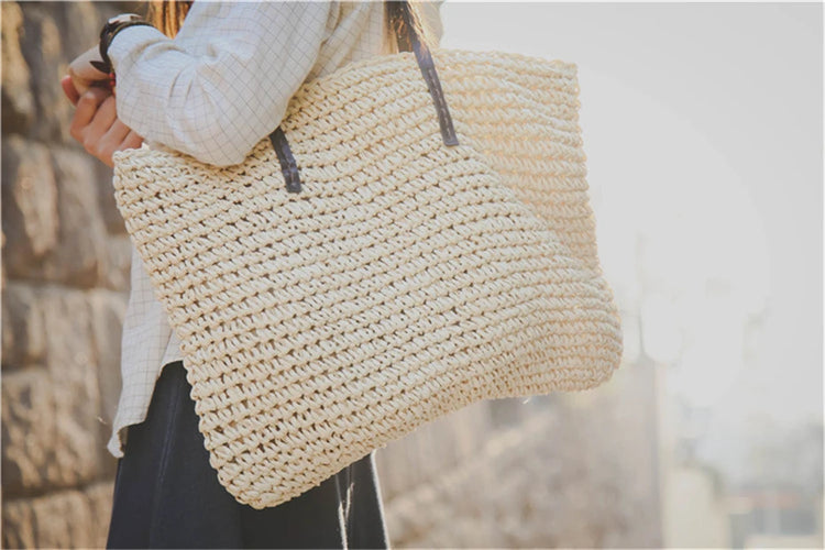Borsa da donna Borsa da spiaggia estiva Borsa da spiaggia in rattan intrecciata a mano in paglia lavorata a maglia di grande capacità Borsa a tracolla da donna in pelle Bohemia Nuovo