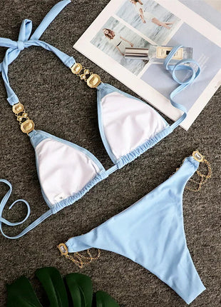Catene di metallo con scollo all'americana Strass Diamante Bikini Costume da bagno donna Costumi da bagno femminili Due pezzi Bikini set Costume da bagno brasiliano Swim platinumshop