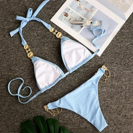 Catene di metallo con scollo all'americana Strass Diamante Bikini Costume da bagno donna Costumi da bagno femminili Due pezzi Bikini set Costume da bagno brasiliano Swim platinumshop