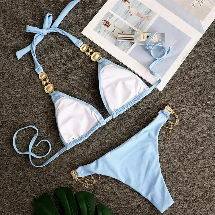 Catene di metallo con scollo all'americana Strass Diamante Bikini Costume da bagno donna Costumi da bagno femminili Due pezzi Bikini set Costume da bagno brasiliano Swim platinumshop