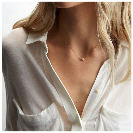 e-Manco Stainless Steel Choker imitated  Pearl Necklaces for Women Gold Color Layered Chain Necklace Jewelry PlatiNum