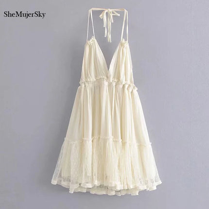 SheMujerSky Sexy Lace Patchwork Backless Mini Dress Summer V Neck Halter Dresses Women's Dress Elegant Party