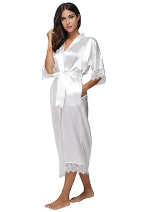 Estate Patchwork di pizzo Raso Kimono Robe Indumenti da notte sexy Lingerie Camicie Donna Camicia da notte lunga in seta Abiti da damigella d'onore da sposa