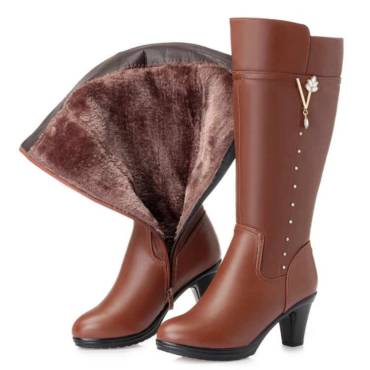 GKTINOO Winter Knee High Boots Warm Wool Fur Shoes Woman High Heels Soft Leather Non-slip Women's Winter Boots Footwear Botas