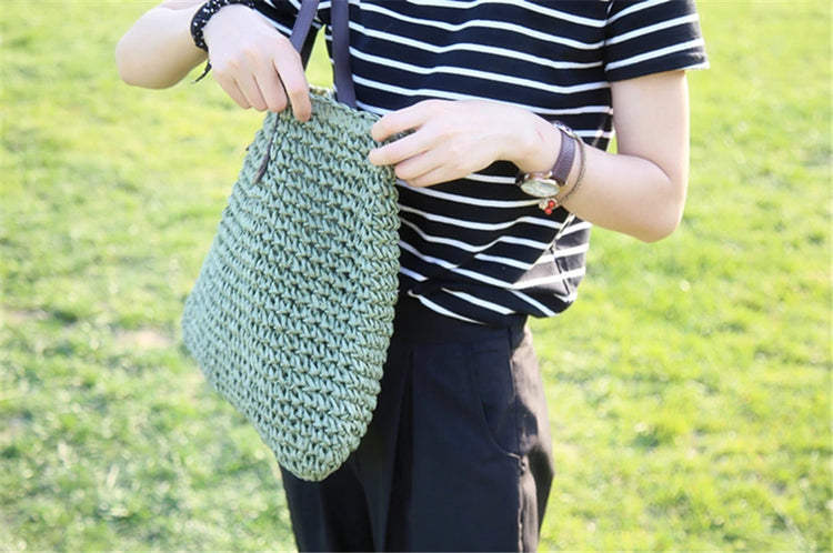 Borsa da donna Borsa da spiaggia estiva Borsa da spiaggia in rattan intrecciata a mano in paglia lavorata a maglia di grande capacità Borsa a tracolla da donna in pelle Bohemia Nuovo