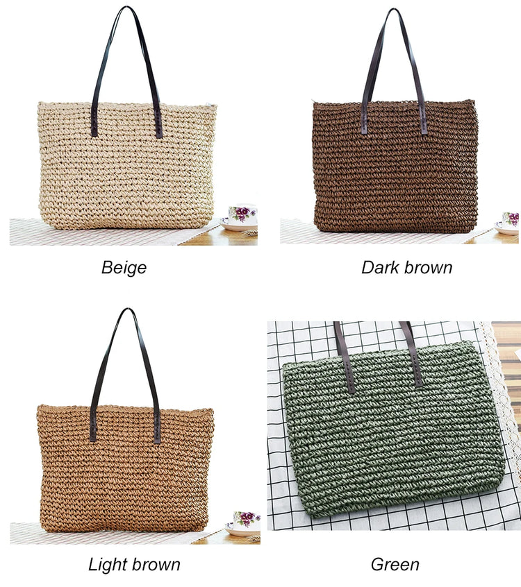 Borsa da donna Borsa da spiaggia estiva Borsa da spiaggia in rattan intrecciata a mano in paglia lavorata a maglia di grande capacità Borsa a tracolla da donna in pelle Bohemia Nuovo