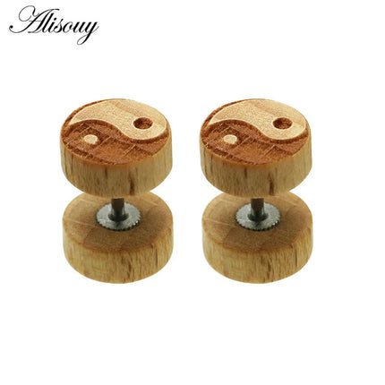 Alisouy 2PC Moda Orecchini a bottone in legno Orecchini Marrone naturale Nero 8 10 12mm Punk Bilanciere Tappi per le orecchie finti Brincos per le donne degli uomini platinumshop