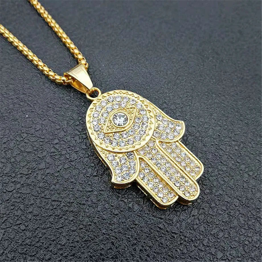 Collana con ciondolo mano di Fatima turca malocchio Hamsa Catene ghiacciate in acciaio inossidabile color oro per gioielli Hip Hop da donna