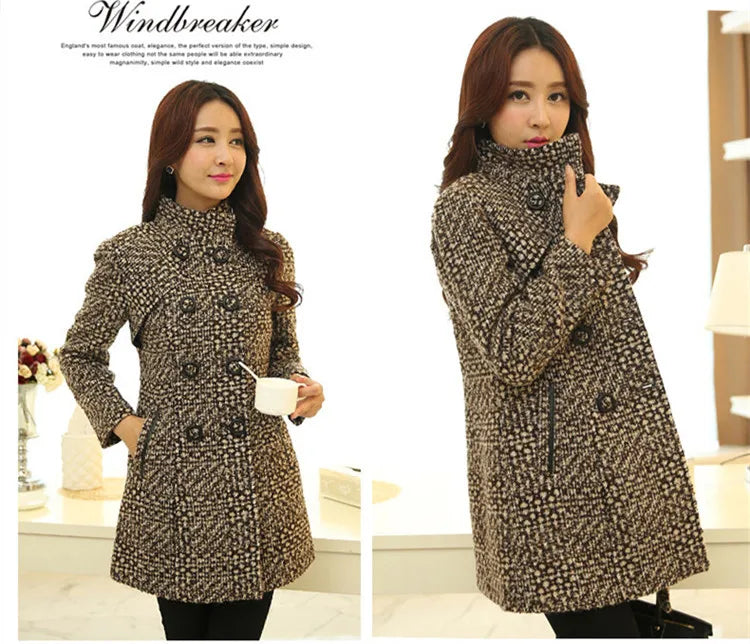 New Women's Wool Blends Coat Winter 2026 Autumn Fashion Elegant Mother Turtleneck Plaid Slim Long Tweed Woolen Outerwear Female
