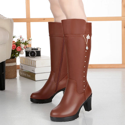 GKTINOO Winter Knee High Boots Warm Wool Fur Shoes Woman High Heels Soft Leather Non-slip Women's Winter Boots Footwear Botas