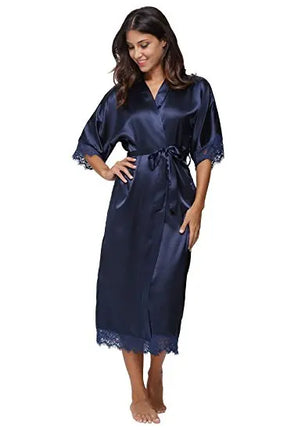 Estate Patchwork di pizzo Raso Kimono Robe Indumenti da notte sexy Lingerie Camicie Donna Camicia da notte lunga in seta Abiti da damigella d'onore da sposa