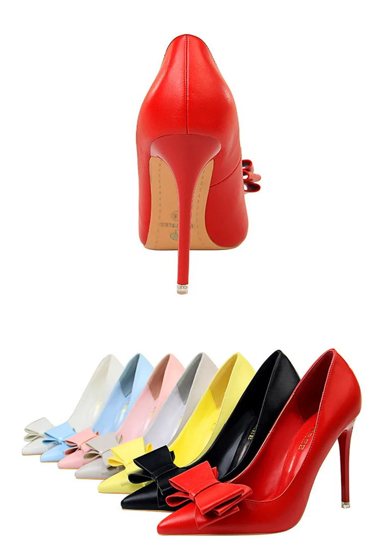 BIGTREE Rosso Blu Nero Scarpe Bowknot Dolce Donna Décolleté in morbida pelle Punta a punta Donna Tacchi alti Abito a spillo Scarpe da donna da ufficio