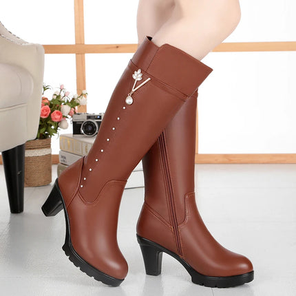 GKTINOO Winter Knee High Boots Warm Wool Fur Shoes Woman High Heels Soft Leather Non-slip Women's Winter Boots Footwear Botas