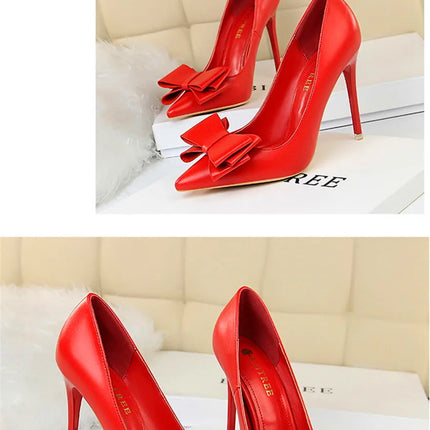 BIGTREE Rosso Blu Nero Scarpe Bowknot Dolce Donna Décolleté in morbida pelle Punta a punta Donna Tacchi alti Abito a spillo Scarpe da donna da ufficio