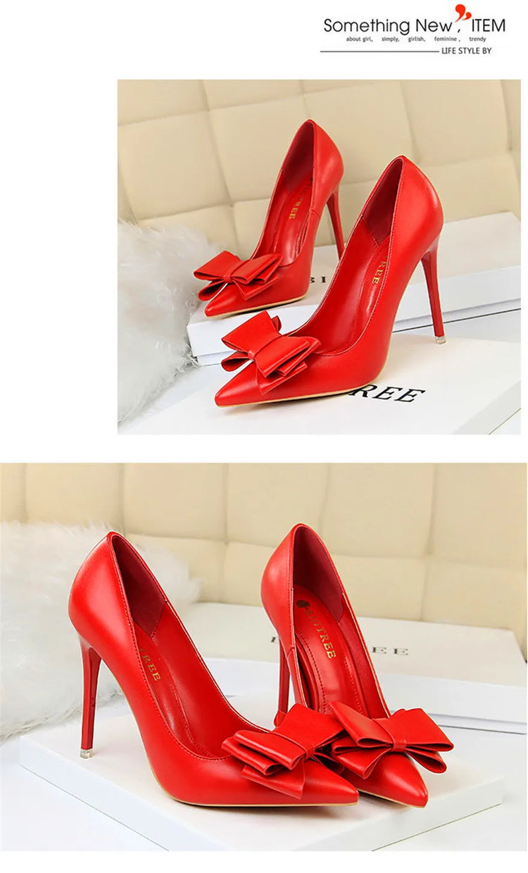 BIGTREE Rosso Blu Nero Scarpe Bowknot Dolce Donna Décolleté in morbida pelle Punta a punta Donna Tacchi alti Abito a spillo Scarpe da donna da ufficio