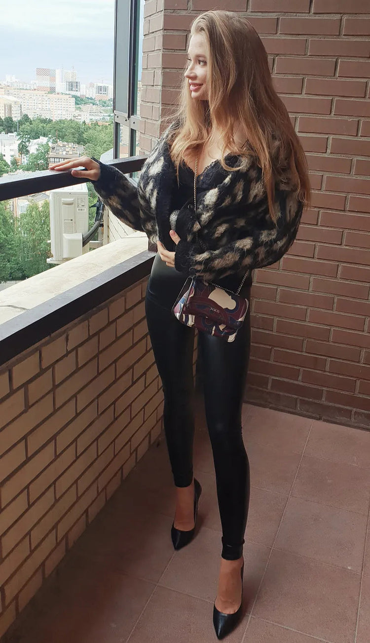 BIVIGAOS Fashion Women PU Leather Pants Elastic High Waist Winter Leggings Slim Velvet Leather Leggings Skinny Fleece Trousers PlatiNum