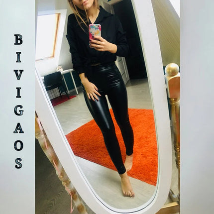 BIVIGAOS Fashion Women PU Leather Pants Elastic High Waist Winter Leggings Slim Velvet Leather Leggings Skinny Fleece Trousers PlatiNum