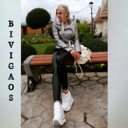 BIVIGAOS Fashion Women PU Leather Pants Elastic High Waist Winter Leggings Slim Velvet Leather Leggings Skinny Fleece Trousers PlatiNum