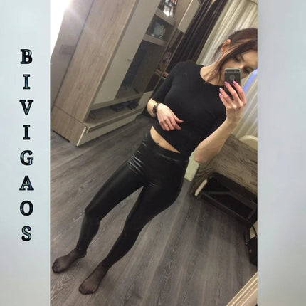 BIVIGAOS Fashion Women PU Leather Pants Elastic High Waist Winter Leggings Slim Velvet Leather Leggings Skinny Fleece Trousers PlatiNum