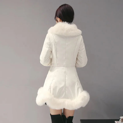 New Fashion Womens Big Faux Fur Coats Fur Collar Leather Mid Long Parkas Winter Female Warm Fur Outwear Beige Coats Clothes