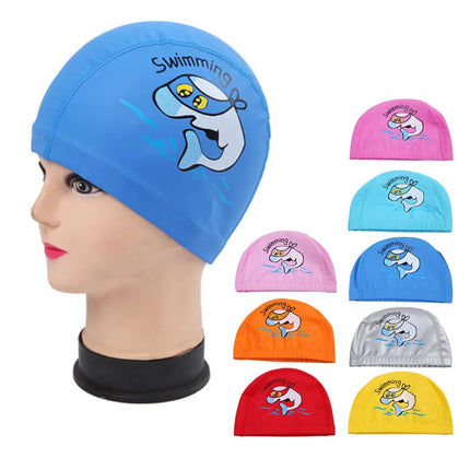 Cuffia da nuoto per bambini Tessuto PU impermeabile Simpatico cartone animato Animale Delfino Proteggi le orecchie Capelli lunghi Ragazzi Ragazze Cuffia da piscina Cappello