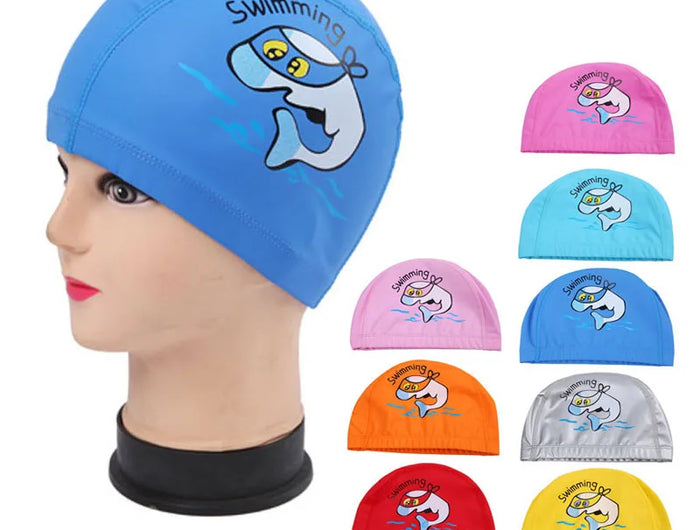 Cuffia da nuoto per bambini Tessuto PU impermeabile Simpatico cartone animato Animale Delfino Proteggi le orecchie Capelli lunghi Ragazzi Ragazze Cuffia da piscina Cappello