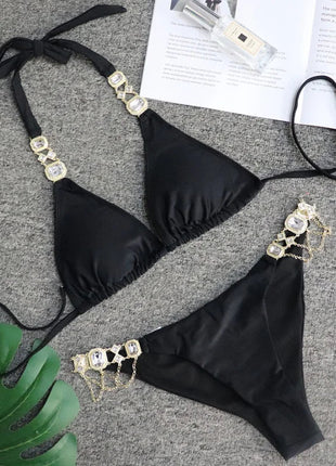 Catene di metallo con scollo all'americana Strass Diamante Bikini Costume da bagno donna Costumi da bagno femminili Due pezzi Bikini set Costume da bagno brasiliano Swim platinumshop
