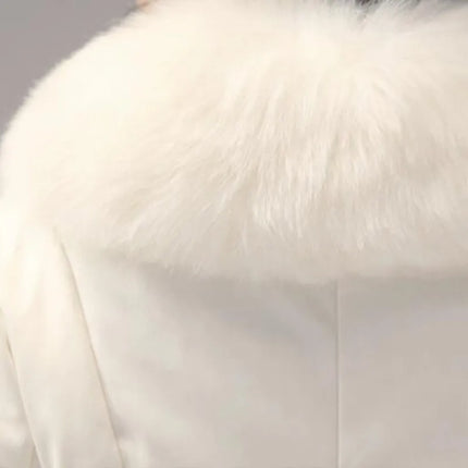 New Fashion Womens Big Faux Fur Coats Fur Collar Leather Mid Long Parkas Winter Female Warm Fur Outwear Beige Coats Clothes
