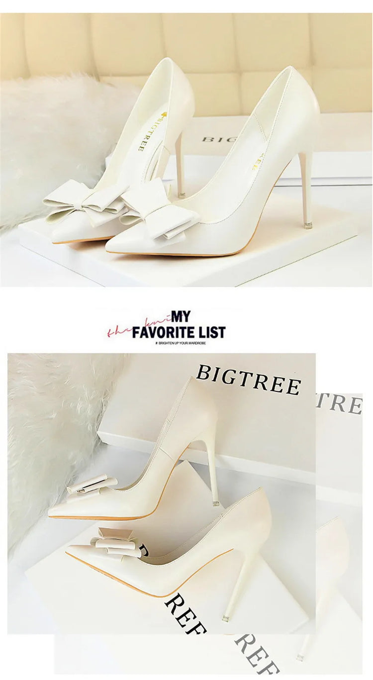 BIGTREE Rosso Blu Nero Scarpe Bowknot Dolce Donna Décolleté in morbida pelle Punta a punta Donna Tacchi alti Abito a spillo Scarpe da donna da ufficio