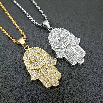 Collana con ciondolo mano di Fatima turca malocchio Hamsa Catene ghiacciate in acciaio inossidabile color oro per gioielli Hip Hop da donna