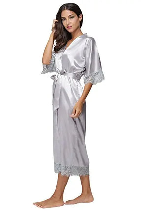 Estate Patchwork di pizzo Raso Kimono Robe Indumenti da notte sexy Lingerie Camicie Donna Camicia da notte lunga in seta Abiti da damigella d'onore da sposa