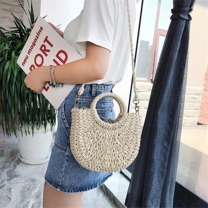 Yogodlns Borsa a tracolla intrecciata in rattan semicircolare fatta a mano Borse a tracolla a tracolla da donna estive Borsa da spiaggia piccola per ragazze Novità
