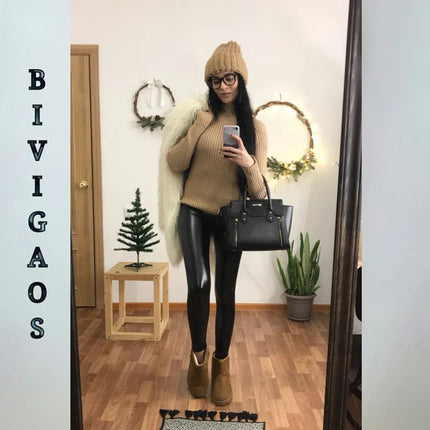 BIVIGAOS Fashion Women PU Leather Pants Elastic High Waist Winter Leggings Slim Velvet Leather Leggings Skinny Fleece Trousers PlatiNum