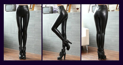 BIVIGAOS Fashion Women PU Leather Pants Elastic High Waist Winter Leggings Slim Velvet Leather Leggings Skinny Fleece Trousers PlatiNum