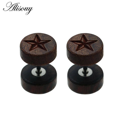 Alisouy 2PC Moda Orecchini a bottone in legno Orecchini Marrone naturale Nero 8 10 12mm Punk Bilanciere Tappi per le orecchie finti Brincos per le donne degli uomini platinumshop