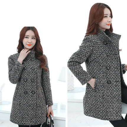 New Women's Wool Blends Coat Winter 2026 Autumn Fashion Elegant Mother Turtleneck Plaid Slim Long Tweed Woolen Outerwear Female