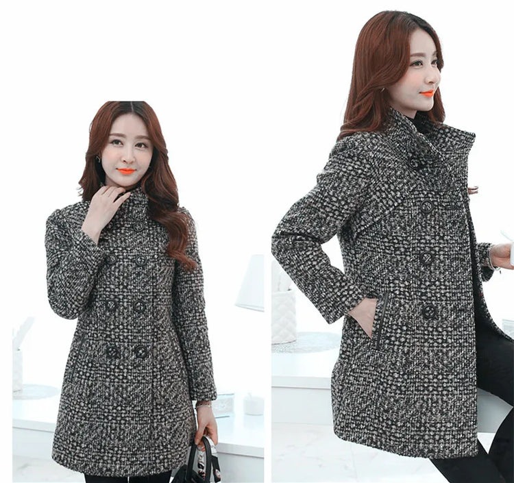New Women's Wool Blends Coat Winter 2026 Autumn Fashion Elegant Mother Turtleneck Plaid Slim Long Tweed Woolen Outerwear Female