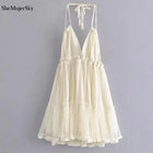 SheMujerSky Abito sexy con giunture in pizzo senza schienale Mini abiti estivi con scollo a V e scollo all'americana Abito da donna Elegante da sera