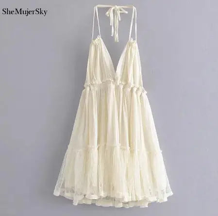 SheMujerSky Sexy Lace Patchwork Backless Mini Dress Summer V Neck Halter Dresses Women's Dress Elegant Party