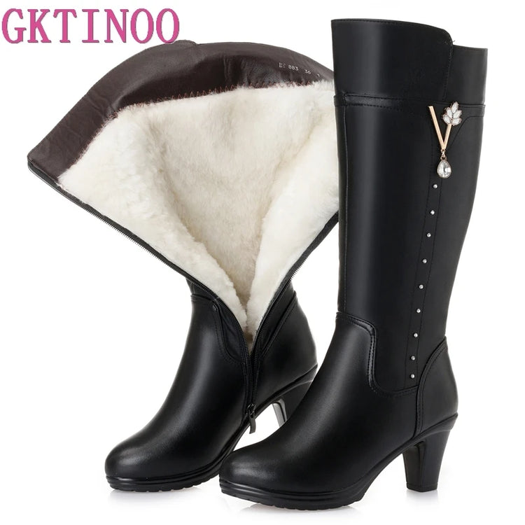 GKTINOO Winter Knee High Boots Warm Wool Fur Shoes Woman High Heels Soft Leather Non-slip Women's Winter Boots Footwear Botas
