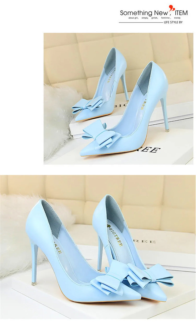 BIGTREE Rosso Blu Nero Scarpe Bowknot Dolce Donna Décolleté in morbida pelle Punta a punta Donna Tacchi alti Abito a spillo Scarpe da donna da ufficio