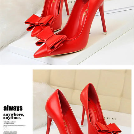 BIGTREE Rosso Blu Nero Scarpe Bowknot Dolce Donna Décolleté in morbida pelle Punta a punta Donna Tacchi alti Abito a spillo Scarpe da donna da ufficio