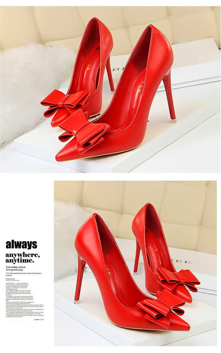 BIGTREE Rosso Blu Nero Scarpe Bowknot Dolce Donna Décolleté in morbida pelle Punta a punta Donna Tacchi alti Abito a spillo Scarpe da donna da ufficio