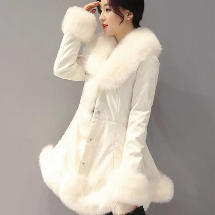 New Fashion Womens Big Faux Fur Coats Fur Collar Leather Mid Long Parkas Winter Female Warm Fur Outwear Beige Coats Clothes