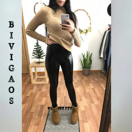 BIVIGAOS Fashion Women PU Leather Pants Elastic High Waist Winter Leggings Slim Velvet Leather Leggings Skinny Fleece Trousers PlatiNum