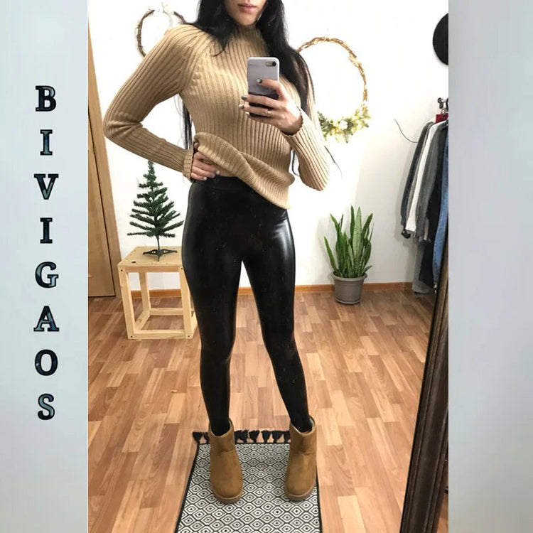 BIVIGAOS Fashion Women PU Leather Pants Elastic High Waist Winter Leggings Slim Velvet Leather Leggings Skinny Fleece Trousers PlatiNum