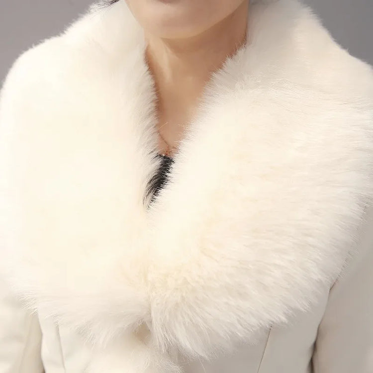 New Fashion Womens Big Faux Fur Coats Fur Collar Leather Mid Long Parkas Winter Female Warm Fur Outwear Beige Coats Clothes