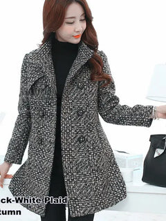 New Women's Wool Blends Coat Winter 2026 Autumn Fashion Elegant Mother Turtleneck Plaid Slim Long Tweed Woolen Outerwear Female