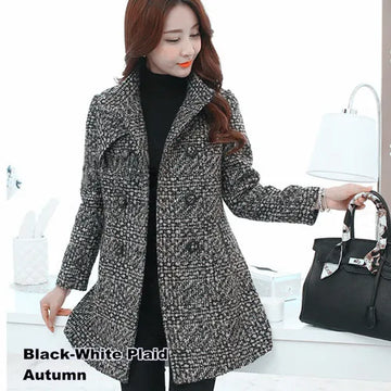 New Women's Wool Blends Coat Winter 2026 Autumn Fashion Elegant Mother Turtleneck Plaid Slim Long Tweed Woolen Outerwear Female